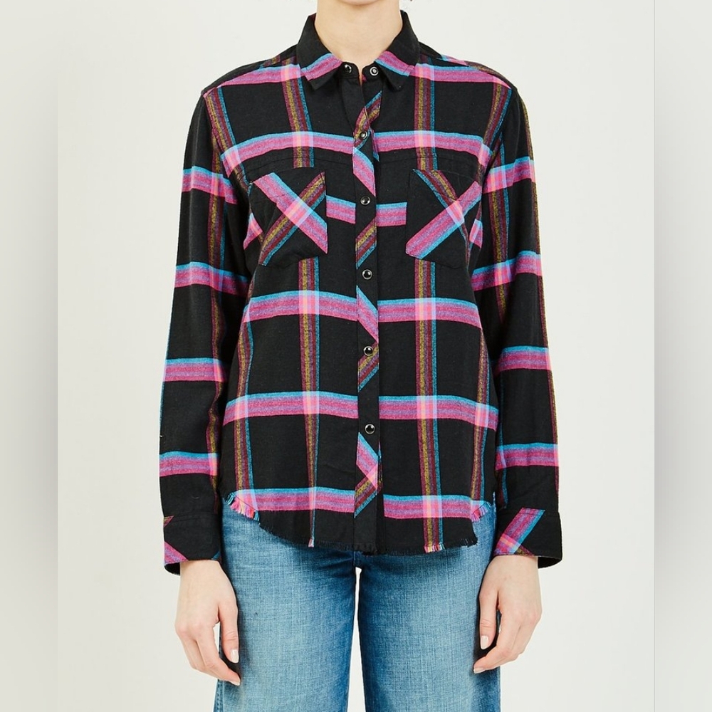 Rails Leo Plaid Long Sleeve Snap Button Down Onyx / Magenta / Cayenne EUC - M